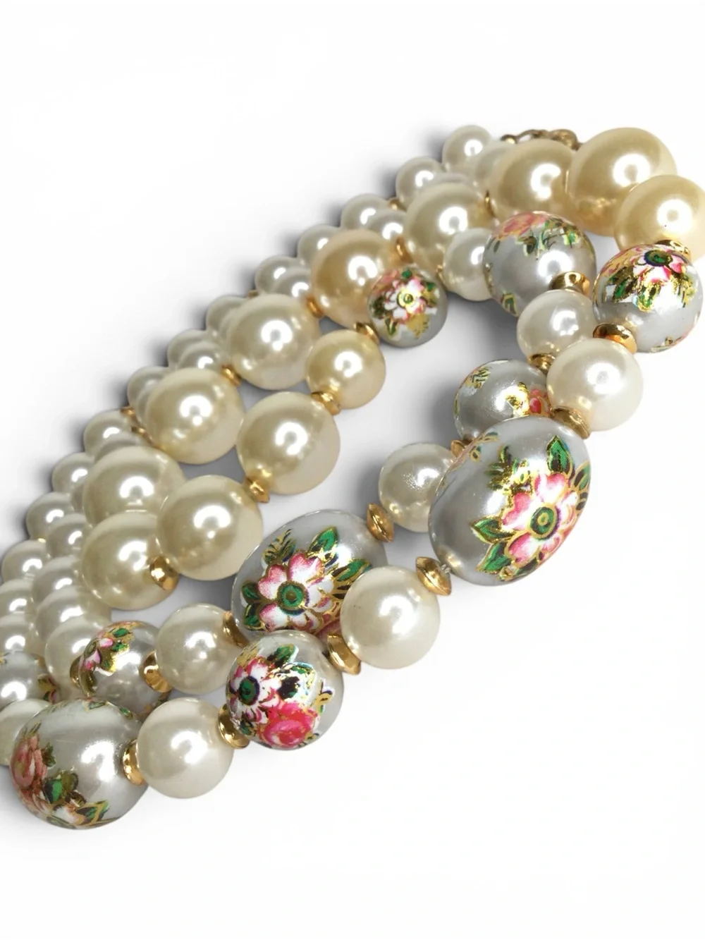 Vtg Graduated Faux‑Pearl Necklace w/ Gray Lacquered Tensha‑Style Floral Beads - Picture 14 of 15